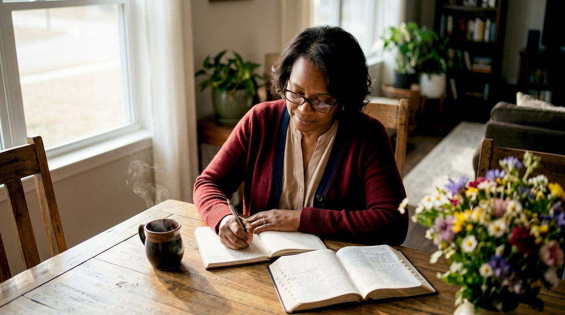 Woman studying Bible at kitchen table