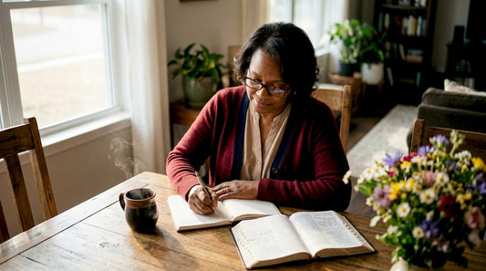 Woman studying Bible at kitchen table