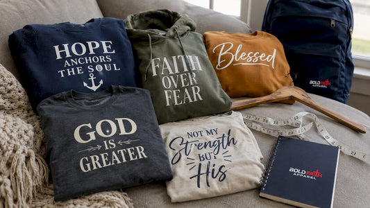 Flat lay of Christian unisex T-shirts and hoodies with faith messages