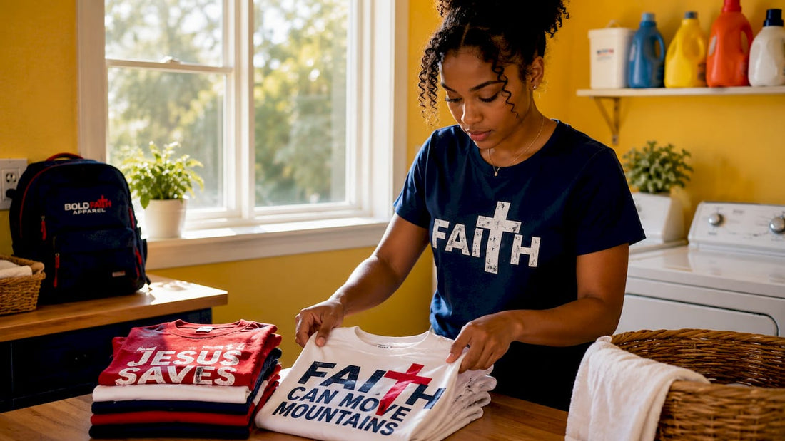 Woman folding faith message T-shirts in laundry room