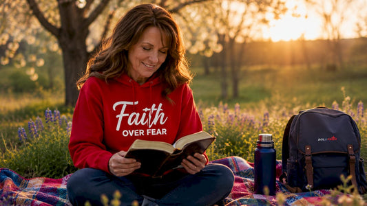 Woman reading Bible in park with faith hoodie