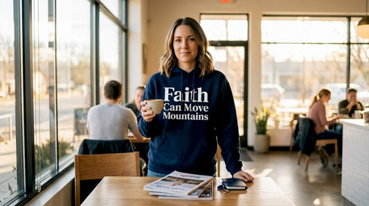 Woman wearing Faith Can Move Mountains hoodie