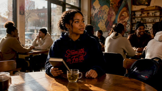 Young woman in faith message hoodie outdoors