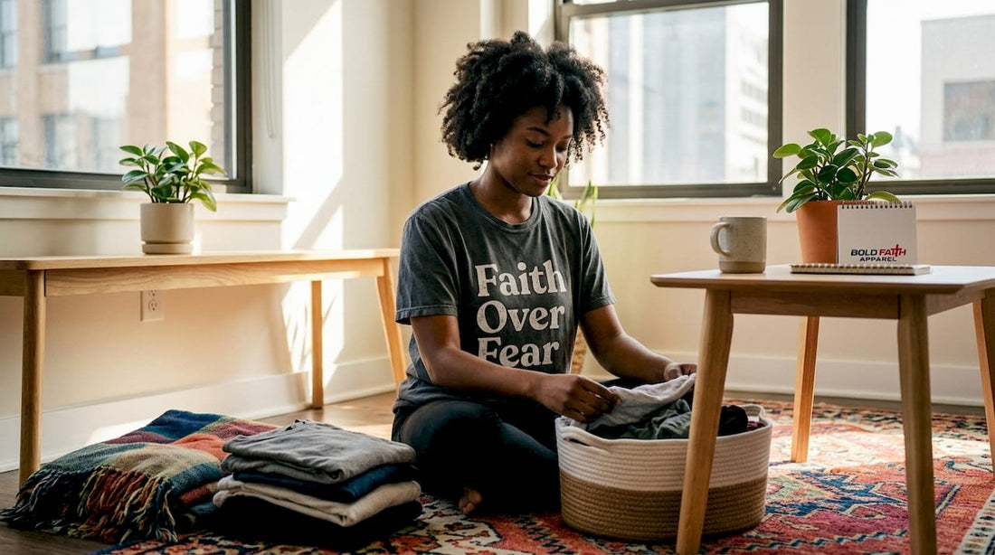 Woman wearing Faith Over Fear Christian t-shirt at home