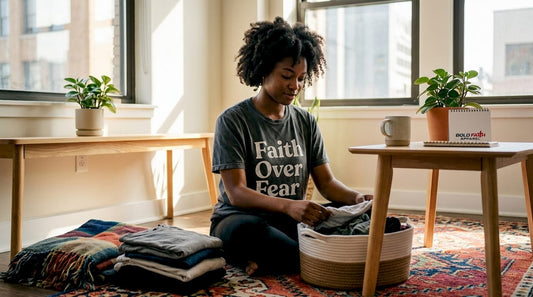 Woman wearing Faith Over Fear Christian t-shirt at home