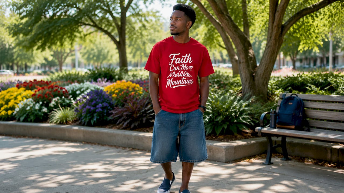 Young man wearing Faith Can Move Mountains Christian tee