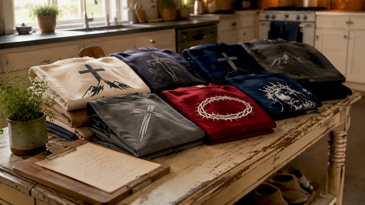 Folded Christian faith-themed T-shirts and hoodies with props