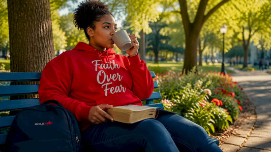 Woman wearing Faith Over Fear hoodie indoors