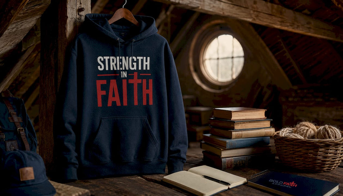 Christian hoodie with faith message displayed on chair