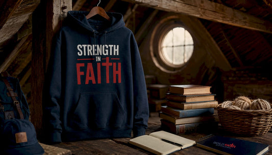 Christian hoodie with faith message displayed on chair