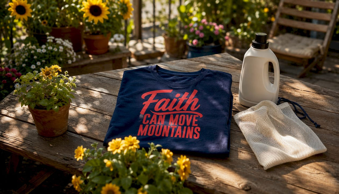 Folded faith shirt with laundry items on table