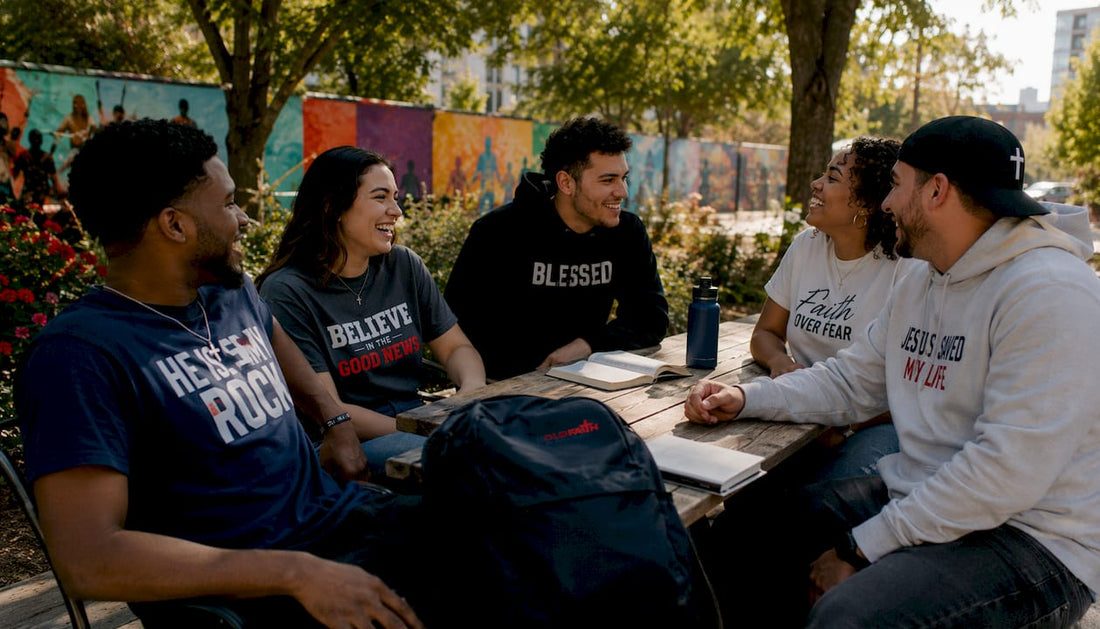 Young adults wearing Christian message t-shirts on urban street