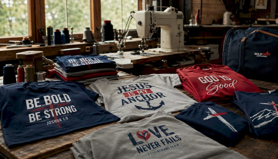 Folded bold faith statement T-shirts on wooden table