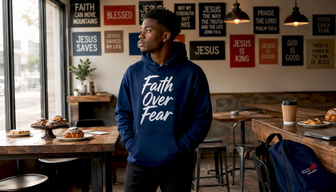 Young man in Faith Over Fear hoodie in bright studio