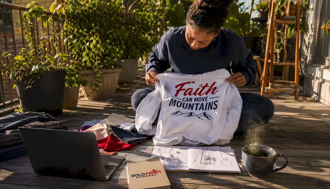 Woman folding Christian apparel hoodie
