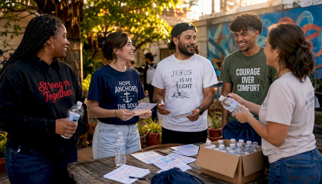 Church volunteers wearing Christian message T-shirts outdoors