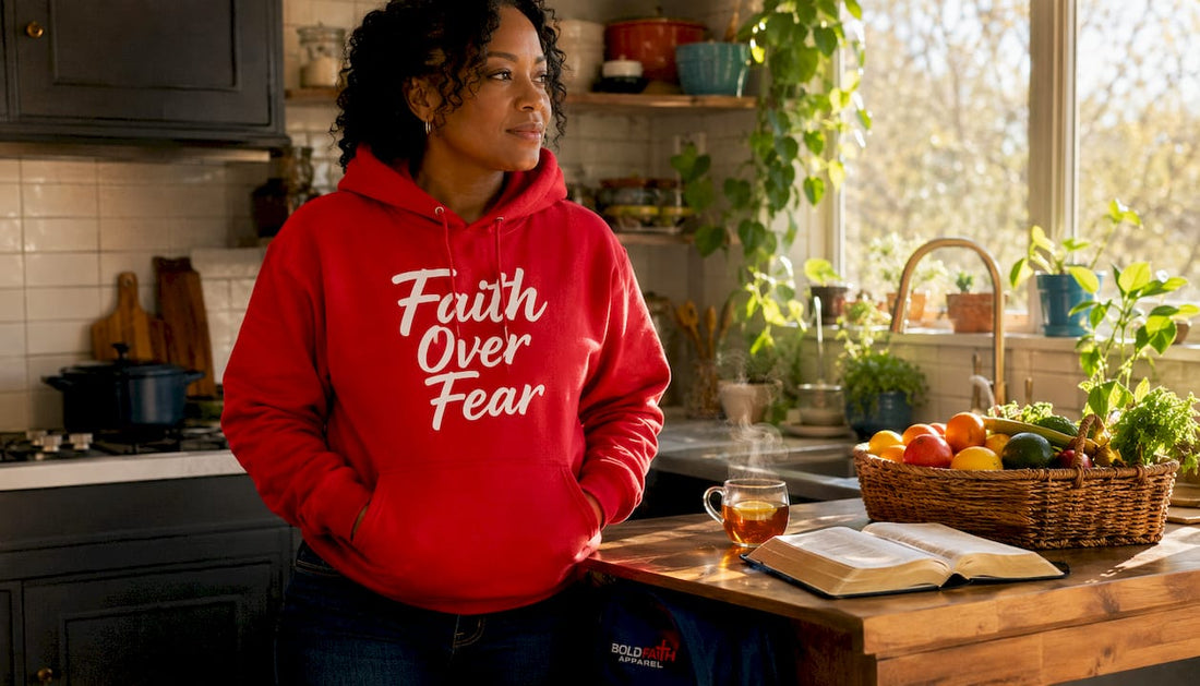 Woman wearing patriotic Faith Over Fear hoodie at home