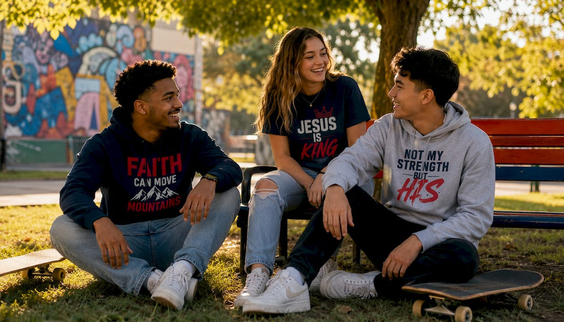 Young adults wearing Christian streetwear at skate park