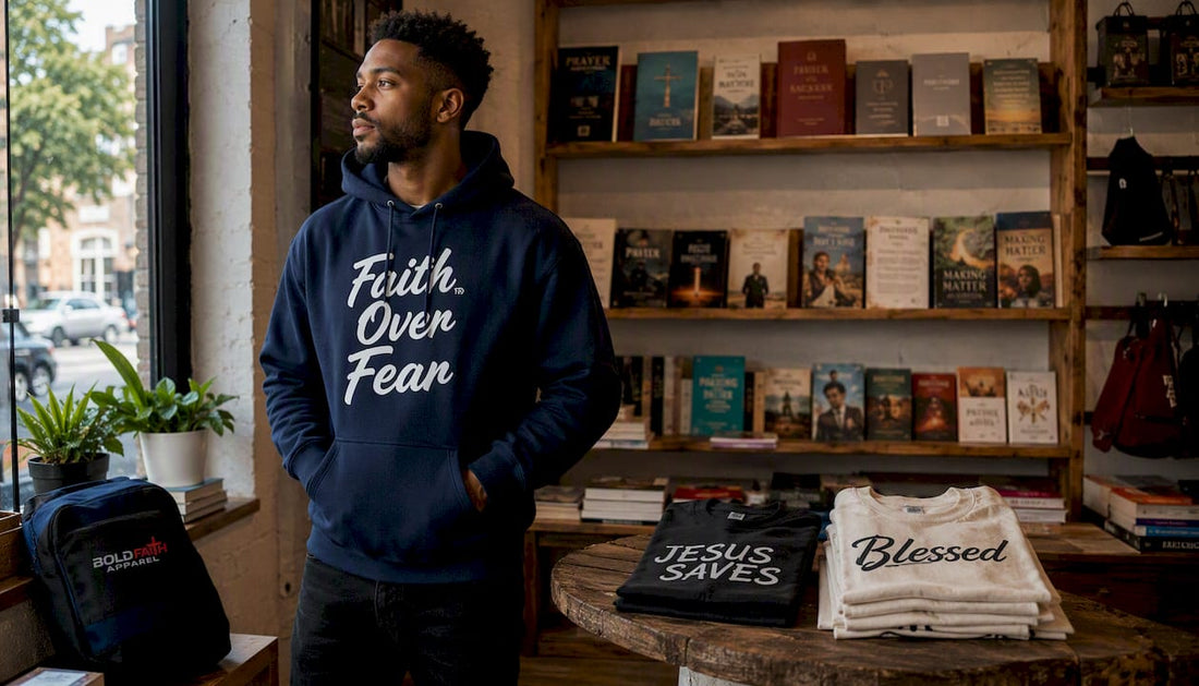 Young Black man in Faith Over Fear hoodie