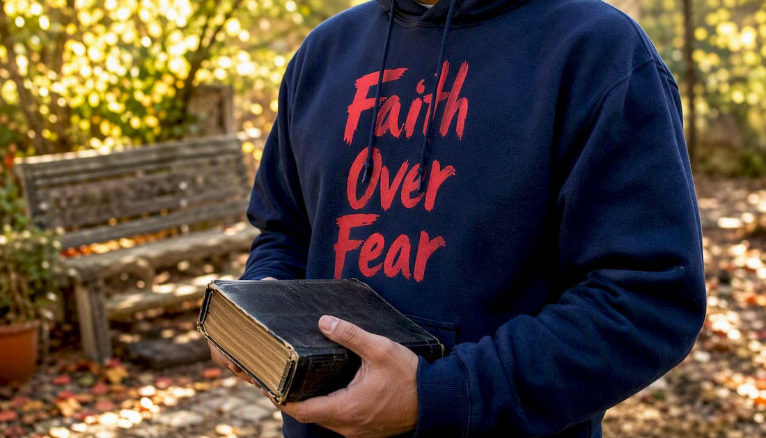 Close-up of navy hoodie with Faith Over Fear text