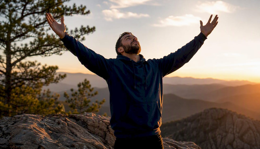 Man praying outdoors in faith hoodie
