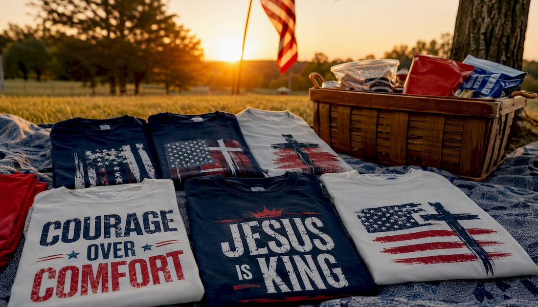 Folded faith and patriotic shirts on rustic table