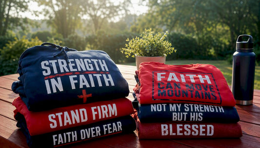 Folded Christian T-shirts and hoodies with bold faith messages