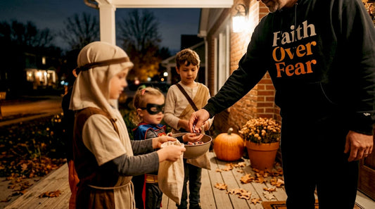 Adult handing candy wearing faith apparel hoodie on porch