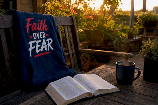 Open Bible, coffee mug, folded hoodie with faith message