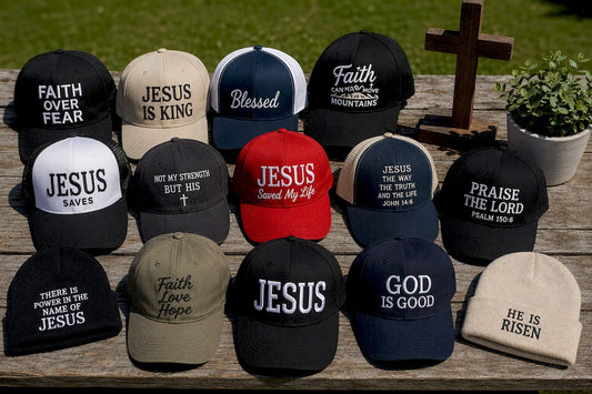 Assorted Christian faith hats with embroidered messages