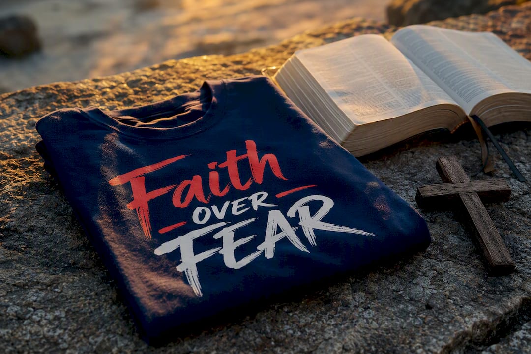 Folded Faith Over Fear T-shirt with Bible and glasses