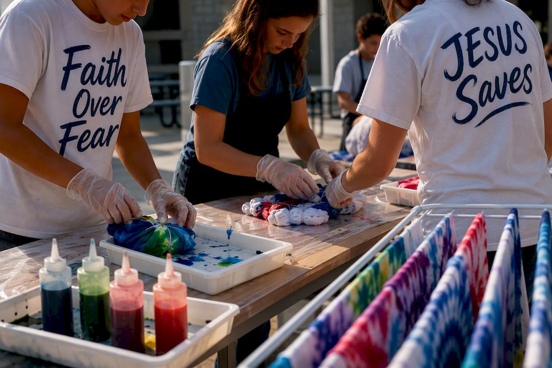 Children customizing faith-centered VBS shirts