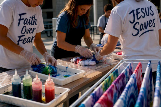 Children customizing faith-centered VBS shirts