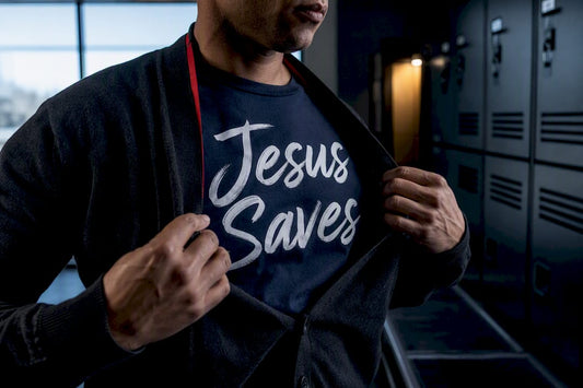 Employee wearing Jesus Saves shirt at work
