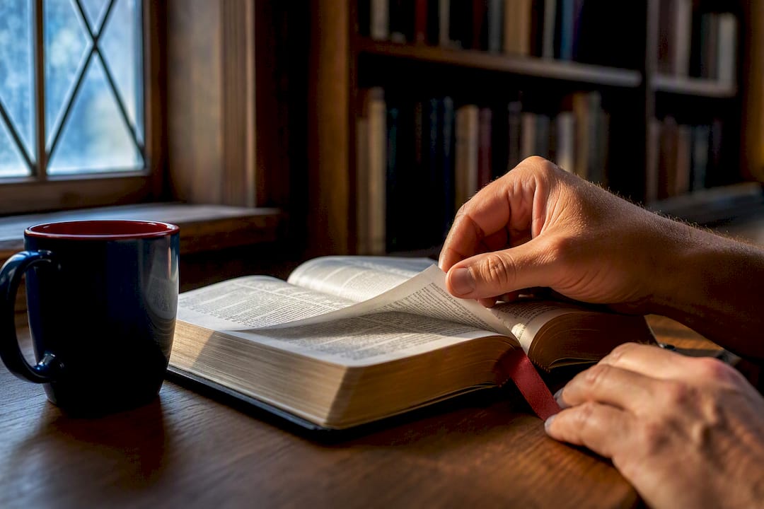 Hands reading an open Bible in morning light