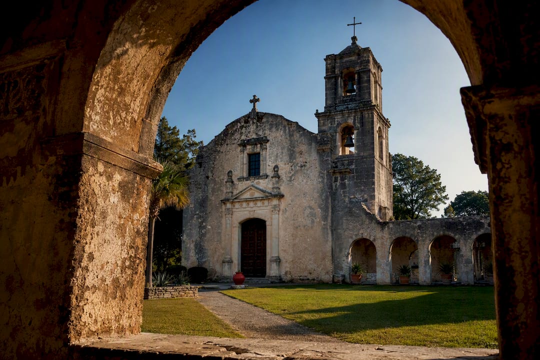 Historic Spanish mission chapel courtyard