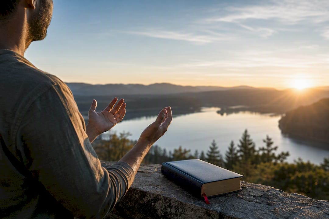 Believer praying beside Bible at sunrise