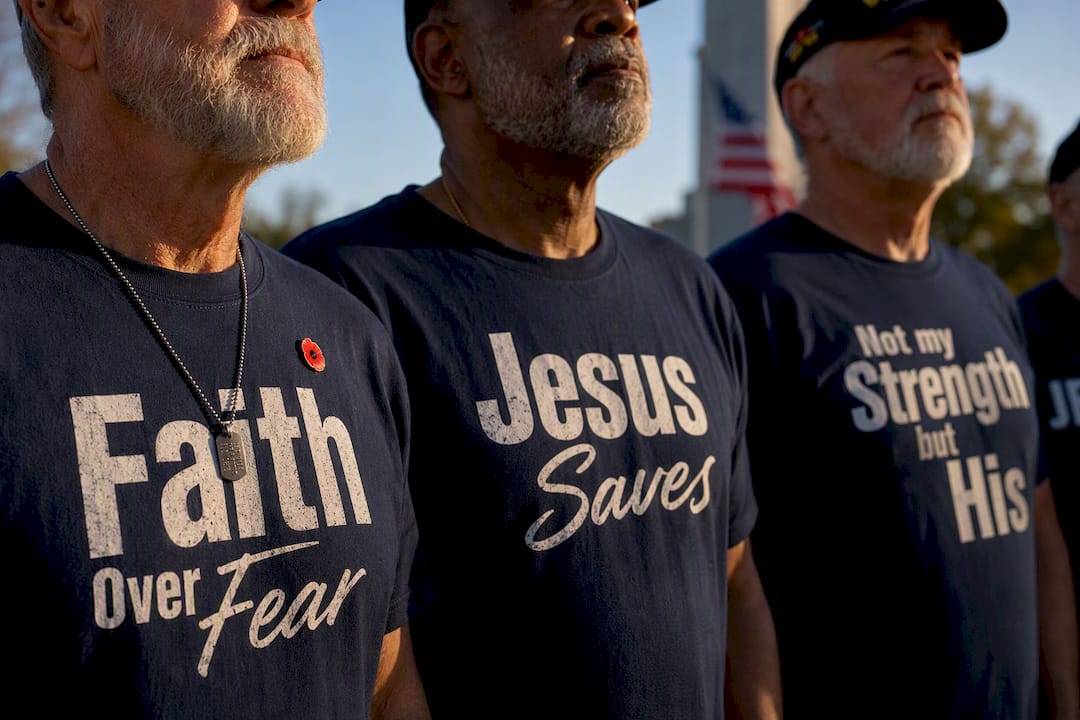 Veterans wearing partial faith message shirts