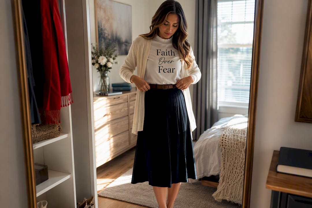 Woman styling a modest faith-forward outfit