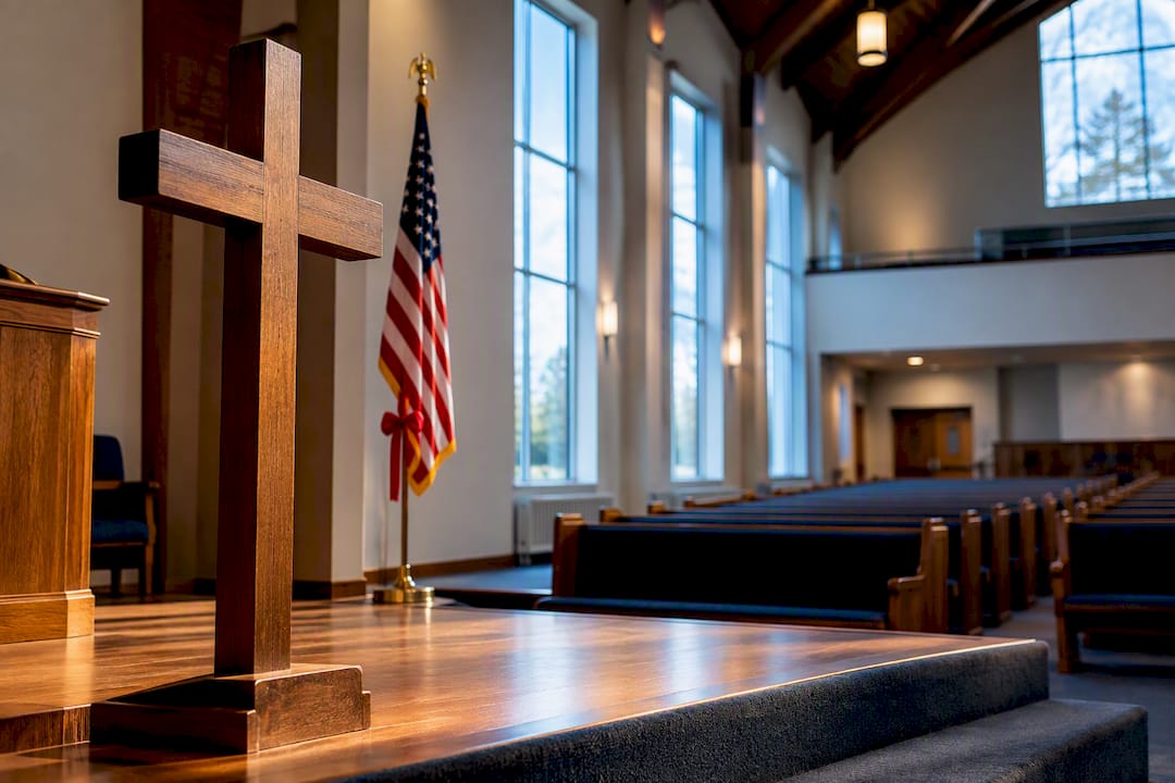 Church cross and American flag sanctuary