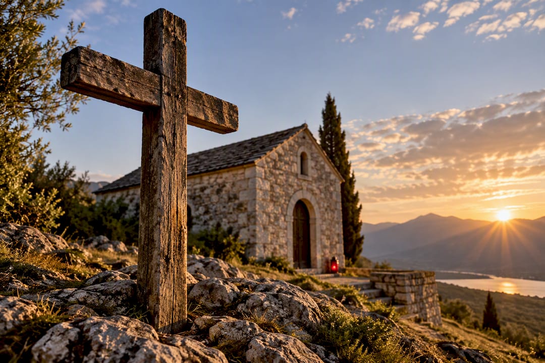 Wooden cross overlooking stone chapel at sunrise