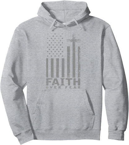 USA Flag Patriotic American Gift Faith Over Fear Prayer Pullover Hoodie
