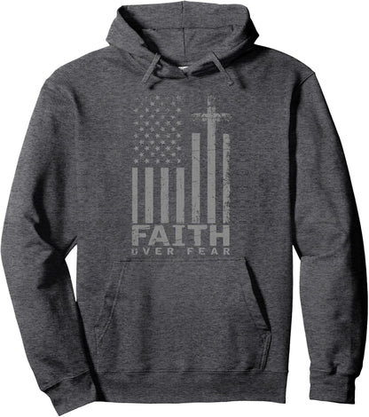 USA Flag Patriotic American Gift Faith Over Fear Prayer Pullover Hoodie